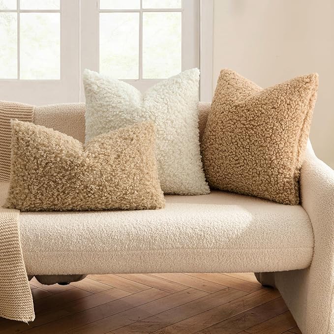 MIULEE Pack of 2 Throw Pillow Covers 18x18 Inch Neutral Camel Faux Fur Decorative Sherpa Pillow Covers Fuzzy Accent Soft Sheepskin Fleece Cushion Cases for Boho Home Decor Couch Living Room Bed