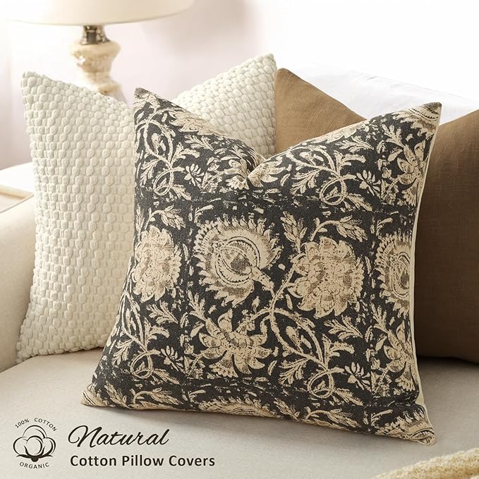 Vintage Floral Print Throw Pillow Covers 20x20 Set of 2 Neutral Modern Farmhouse Pillowcases Accent Decorative Cushion Covers Boho Home Decor for Couch Sofa Chair Bed Living Room, Black