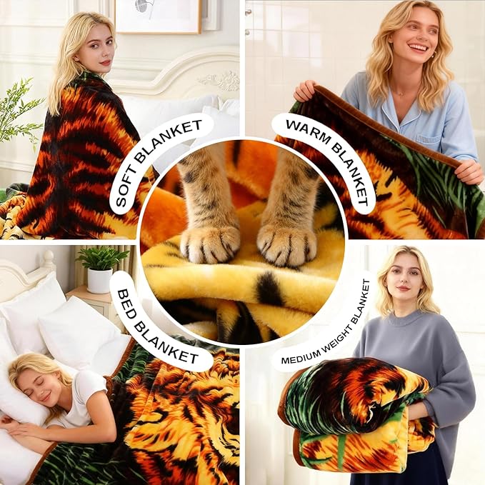 JYK Korean Faux Mink Fleece Blanket 75”x87” and 5 LB Mink Blanket - 2 Ply Reversible 520GSM Silky Soft Plush Warm Blanket for Autumn Winter, A&B Pattern (Queen, Tiger/Tiger Stripes)