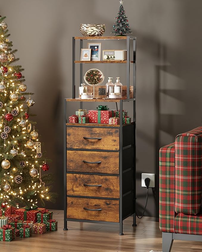 WLIVE Tall Nightstand with Charging Station, LED Night Stand with 4 Drawers and Storage Open Shelves, Fabric Dresser for Bedroom, Living Room, Office, Rustic Brown