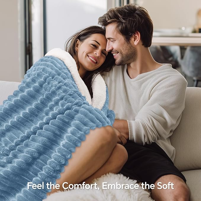 INFIIXSO Sherpa Throw Blanket for Couch - Super Soft & Warm Striped Fleece Blanket, Cozy Plush Fluffy Blanket All Season Use (Light Blue, 50x60 Inches)