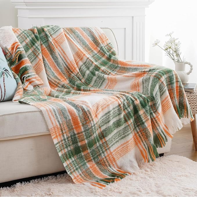 BATTILO Green Plaid Throw Blanket for Couch, Fall Mohair Tartan Plaid Blanket, Farmhouse Style Orange Throw Blankets for Home Decor(50"x60")