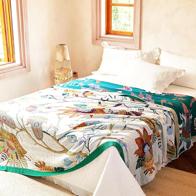 Boho Throw Blanket, 100% Organic Cotton Breathable Skin-Friendly Ultra Soft Bed Quilt Throw - All Season Floral Bird Farmhouse Décor Luxury Blanket for Sofa Couch Chair and Gift. 80" x 90"