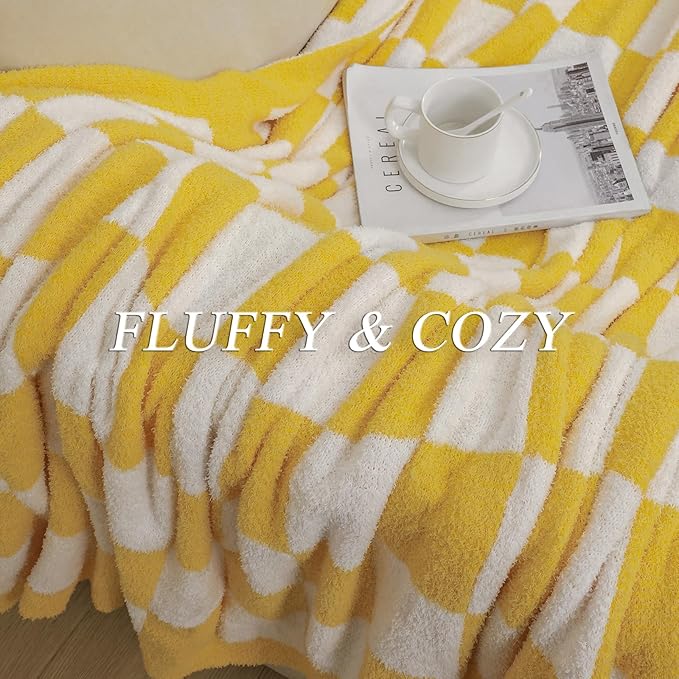 bearberry Fuzzy Checkerboard Grid Throw Blanket Soft Cozy Warm Microfiber All Season Blanket Decor for Couch Sofa Bed Travel Home (Yellow, 50''x60'')