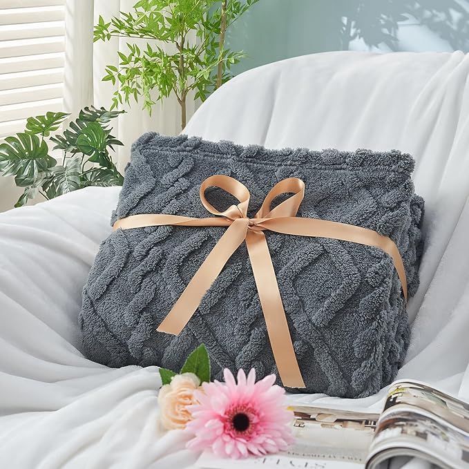 KMUSET Dark Grey Fleece Throw Blanket for Couch Sofa, 50 x 60 Inches Soft Lightweight 3D Jacquard Weave Pattern Blanket