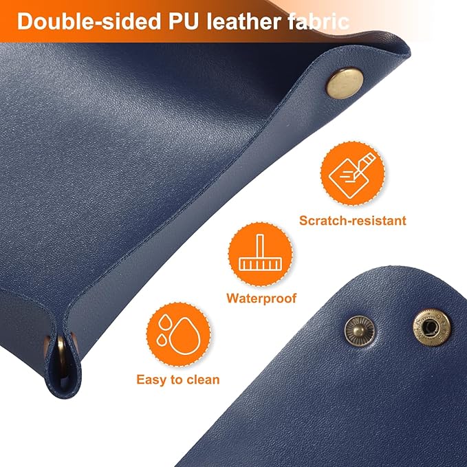 HARFINGTON 2pcs PU Leather Valet Tray Unisex Folding Small Catchall Tray Portable Entryway Table Tray Nightstand Bedside Desk Tray for Key Wallet Watch Coin Jewelry Dice, Dark Blue