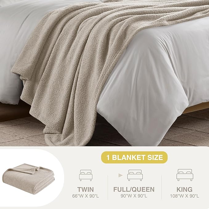 Madison Park Fuzzy Knit Blanket Dream Soft Blanket Cozy Breathable Cover Luxrurious Feathersoft Feel, All Seasons Lightweight Bedding for Summer Cover for Bed, Couch & Sofa, Full/Queen, Taupe