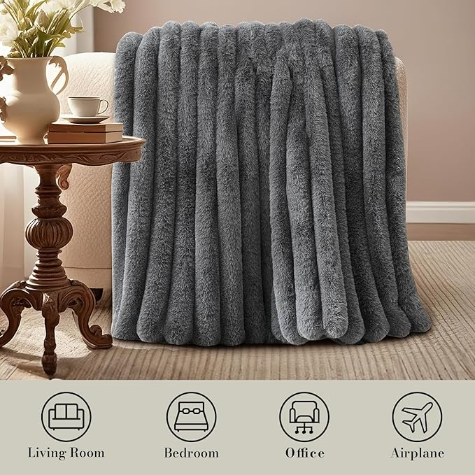 Amélie Home Faux Fur Throw Blanket for Couch, Ultra Cozy Fuzzy Fluffy Fur Luxurious Soft Striped Plush Gift Blankets for Family Sofa Chair Bedroom, 55"x70", Cationic Wolf Gray