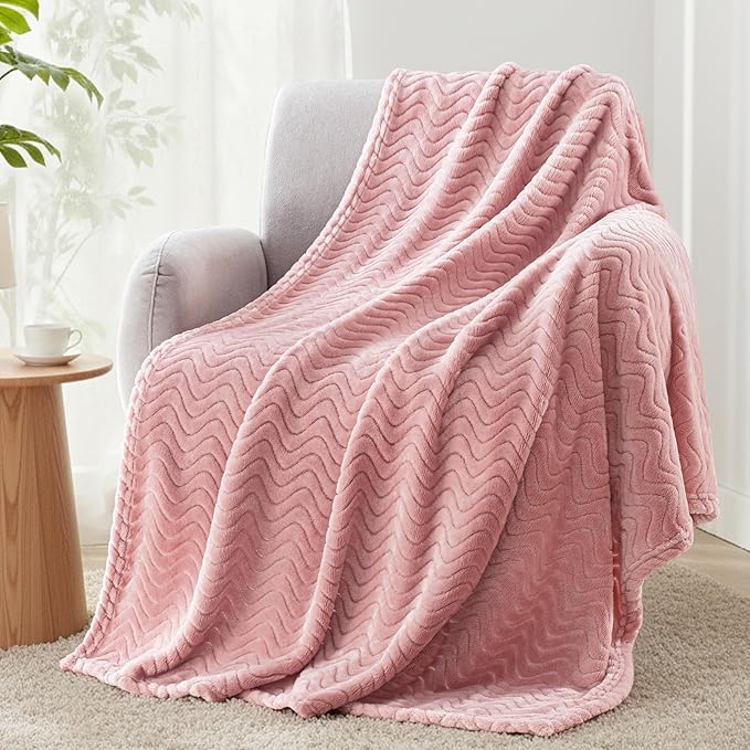 Exclusivo Mezcla Fleece Throw Blanket for Couch, Cozy Lightweight Blankets for All Season, Decorative Giftable Fuzzy Plush Wave Textured Throws for Women, Men, Pink, 50x70 Inches