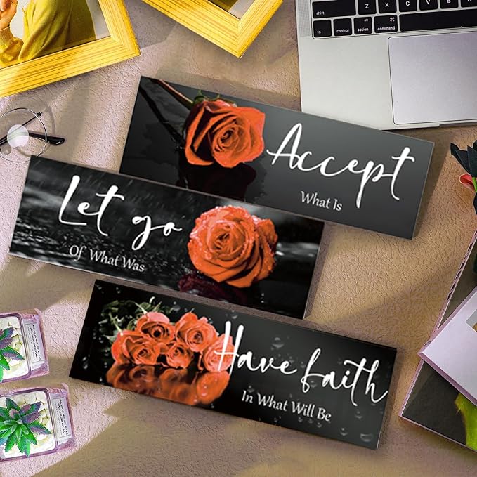 3 Pcs Orange Bathroom Decor Inspirational Orange Wall Decor Wooden Orange Rose Farmhouse Wall Art With Accept Let Go Have Faith Quotes For Girl Women Bedroom Office Living Room(yellow 12 X 4 Inch)