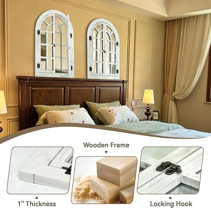 Window Mirrors for Wall Decor -White Arched Wall Mirror Farmhouse Wall Decor Wood Frame Decorative Wall Mirrors Like Window for Bedroom, Living Room, Entrance, Dining Room