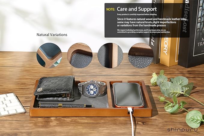 Shinpuru Wooden Valet Tray with Leather Inlay - Nightstand & Desk Organizer - EDC Essentials Catchall Tray for Keys, Phone, Wallet, Watch, Earbuds - Stylish Storage (Wood-Phone)