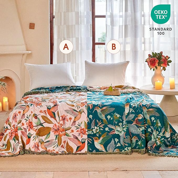 Boho Throw Blanket - 60"x80" 100% Cotton Ultra Soft Lightweight Spring Blanket, 4-Layer Breathable Muslin Blankets for Bed Couch, Reversible Blue Floral Bird Printed Bohemian Cotton Quilt