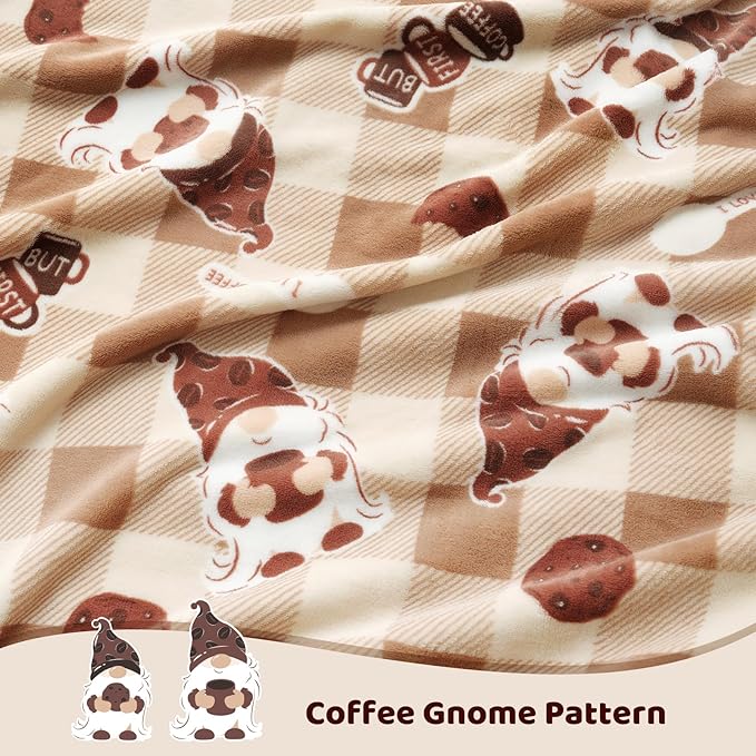 Cozy Bliss Gnome Coffee Throw Blanket - Warm MilkyPlush Throw Blankets,Ultra Soft Cozy Blankets for Couch,Sofa and Bed,Brown,60X80inches
