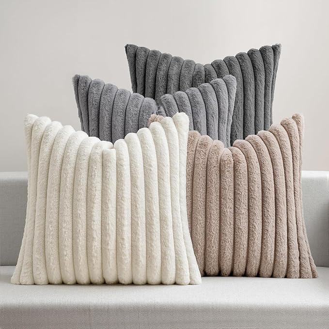 MIULEE Faux Fur Plush Decorative Throw Pillow Covers 18x18 Set of 4, Boho Farmhouse Soft Fuzzy Striped Cushion Covers for Sofa Couch Bed Living Room Vintage Rustic Home Decor,Grey Taupe