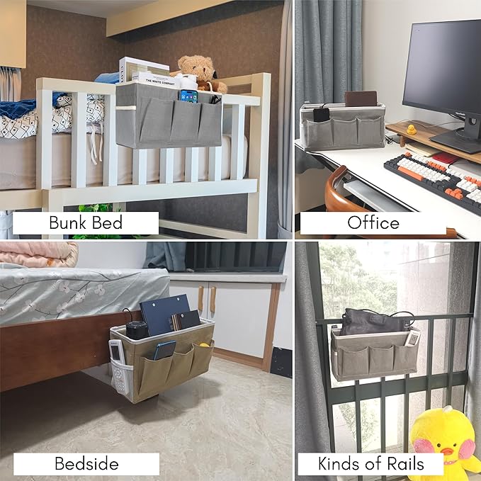 Bedside Caddy Hanging Storage Bag, Organizer Baskets with Pockets for Bunk Bed Accessories, Loft & Dorm Rooms Chair Bed Rails (Gray-3pcs)