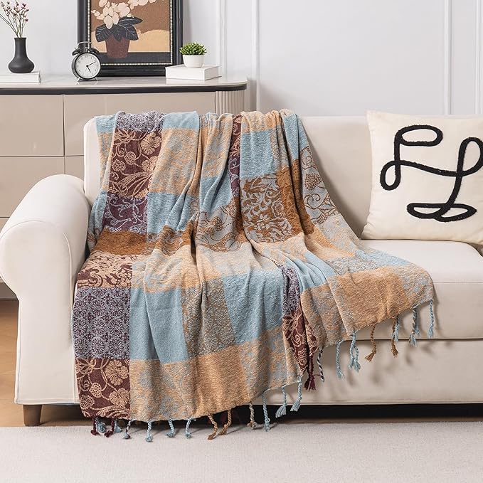 Bohemian Chenille Throw Blanket, Boho Jacquard Tassels Cover for Couch Bed, Decorative Sofa Slipcover Protector - Colorful Tribal Pattern (Vintage, 60 * 75 in)