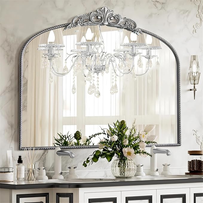 Micasso Antique Wall Silver Mirror: 40" x 29" French Baroque Vintage Mirror - Traditional Ornate Decorative Arched Mirrors for Wall/Bathroom/Entryway/Fireplace/Hallway - Home Decor for Living Room