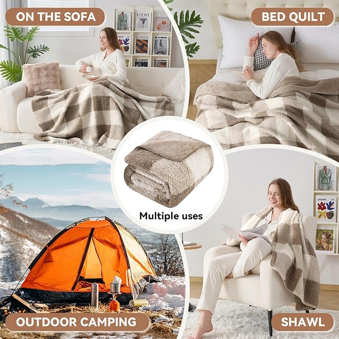 LURKA Checkered Sherpa Fleece Throw Blanket – Soft and Cozy, Medium Weight for All Season, Plush Throw for Couch, Bed, Dorm & Pets, Khaki, 60x80 Inches