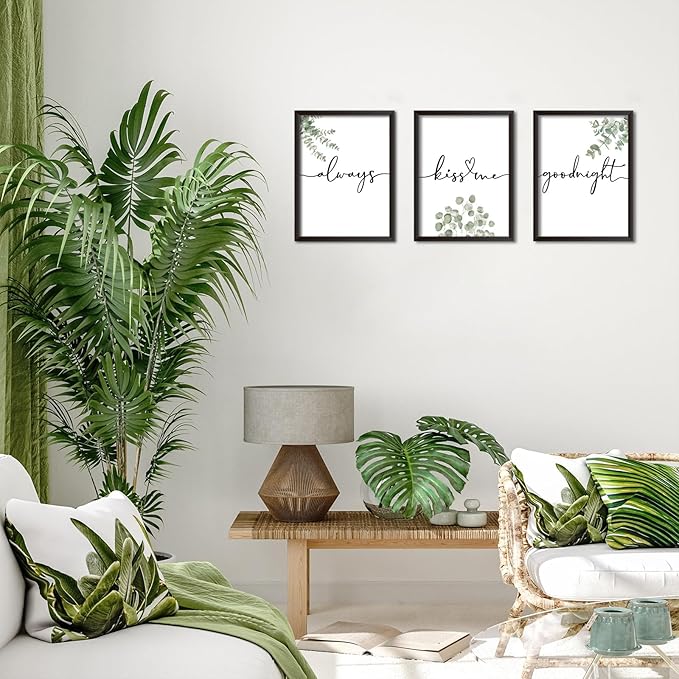 Always Kiss Me Goodnight Wall Art Framed Set of 3, Botanical Prints for Bedroom, Sage Green Eucalyptus Decor Above Bed, Love Theme Modern Couples Master Bedroom Wall Decorations 12x16 Inch