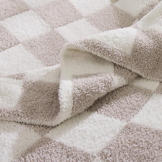 WRENSONGE Checkered Throw Blanket, Taupe Soft Cozy Fluffy Warm Hand Made Throw Blankets for Couch, Sofa, Chair, Bed, Camping, Picnic, Travel Lightweight Bed Blanket - 60"*80"