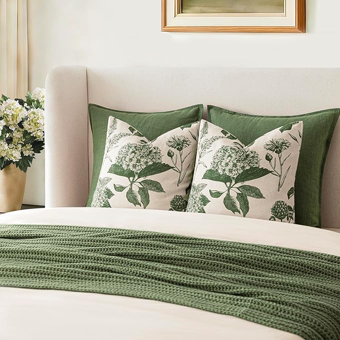 Foindtower Set of 2 Linen Floral Throw Pillow Covers Neutral Vintage Print Decorative Cozy Cushion Covers Farmhouse Boho Home Decor for Sofa Chair Couch Bedroom Living Room,18×18 Inch,Dark Green