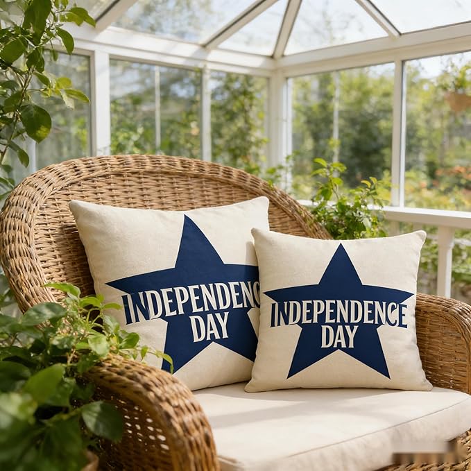 Independence Day Throw Pillow Covers, Linen, 18x18 Inch, Farmhouse Style, Set of 2, Decorative Square Cushion Covers with Zipper July 4th