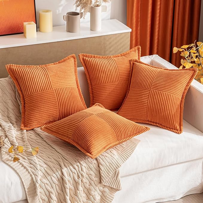 MIULEE Orange Decorative Throw Pillow Covers for Couch Bed Livingroom 20x20 Inch Set of 2 Boho Accent Throw Pllows Broadside Striped Patchwork Soft Corduroy Pillowcases