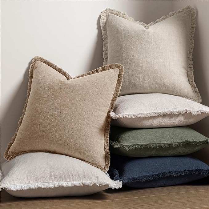 MIULEE Decorative Throw Pillow Covers Neutral Linen Fringe Throw Pillows Set of 2 Camel Boho Farmhouse Cushion Covers with Tassels for Couch Sofa Bed Living Room Spring Decor 18x18 Inch