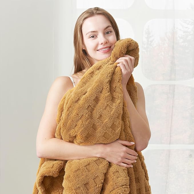 Cozy Bliss Ultrasoft Waffle Throw Blanket, Fluffy Cute Plush Blanket for Couch, Bed, Modern Home Accent, Portable for Picnic or Outdoor, Brown, 50"x60"