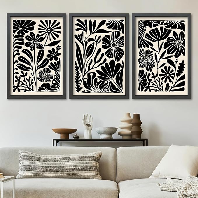 TQianJiang Flower Plant Sign Wall Decor 24"x16" Set of 3 Black And White Botanical Painting Wood Framed for Bedroom Abstract Wildflower Hanging Art (Black)