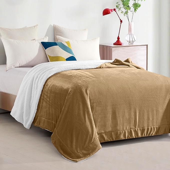 Elegant Comfort Ultra Soft Reversible Flannel Sherpa Blanket - Cozy Silky Fleece Throw for Couch, Bed - Plush Fuzzy Warm Winter Blanket for Gift, Queen, Taupe