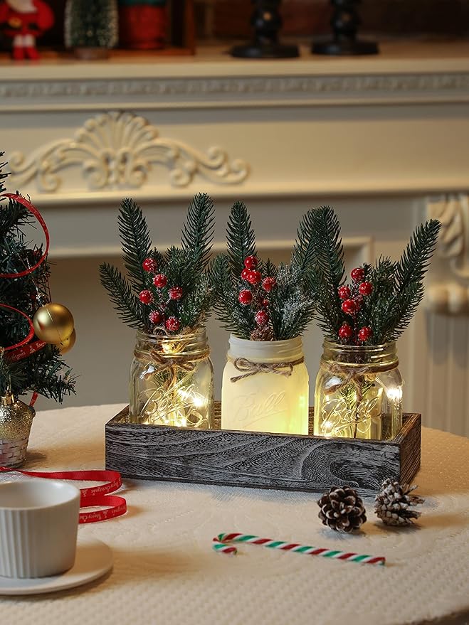 Winter Mason Jar Centerpiece for Table with LED Lights & Artificial Plants, Set of 3 Farmhouse Decorative Mason Jars for Christmas Home Decor, Winter Kitchen Dining Table Centerpiece