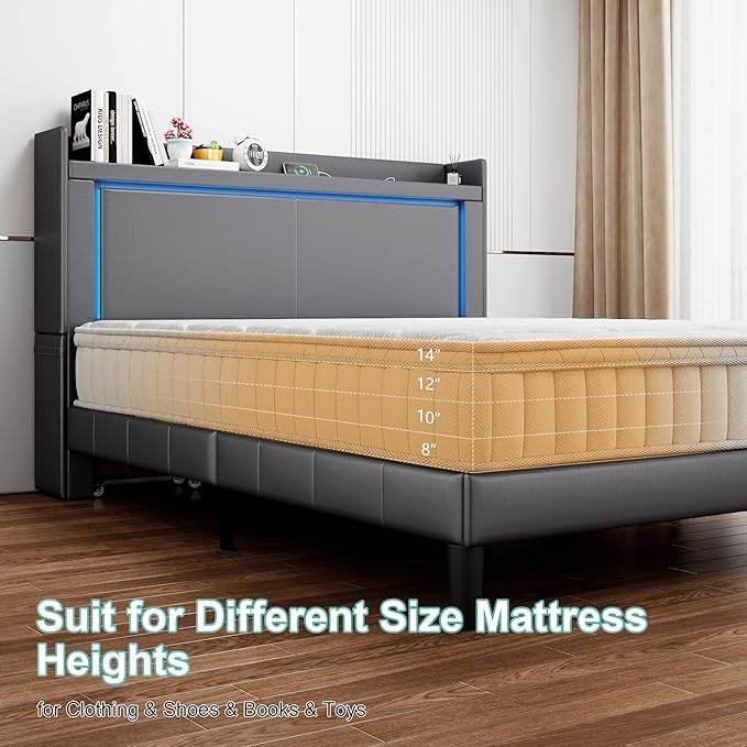 Queen Bed Frame with Headboard and Wheeled Nightstand, PU Leather Upholstered Platform Bed with LED&Charging Station for Bedroom, No Box Spring Needed, Noise Free, Suit for Couple/Single, Grey