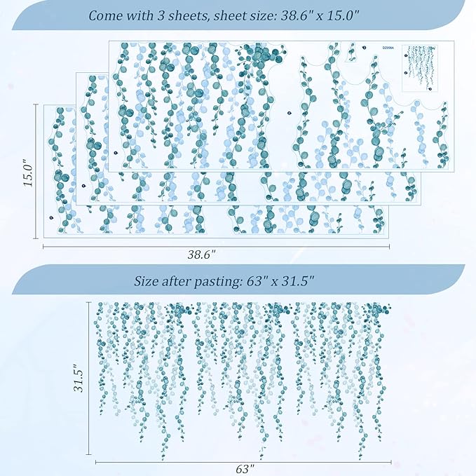 Blue Hanging String of Pearls Succulents Vine Wall Decals Peel and Stick, Large Plants Leaf Vinyl Wall Stickers, Removable Home Decor Art for Bedroom Living Room Classroom Office