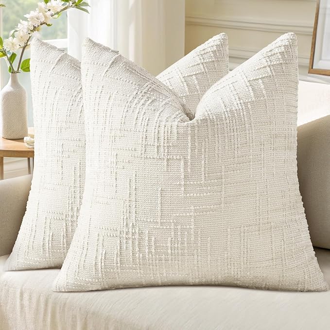 decorUhome Christmas Cream White Chenille Throw Pillow Covers 26x26 Set of 2 Thick Textured Slubby Couch Pillow Covers Farmhouse Accent Modern Neutral Decorative Pillow Cases for Bed Sofa Living Room