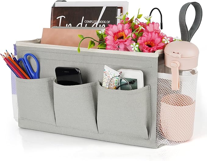 Bedside Storage Organizer with Fixed Straps and Water Bottle Holder for Home, College, Dorm, Bunk / Hospital Bed, Crib Bed Rails (Grey)