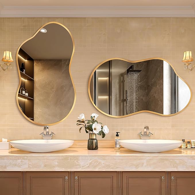 Bathroom Mirror - Gold Irregular Wall Mirrors Decorative 26"x46" Asymmetrical Tempered Glass Aviation Aluminum Alloy Frame for Vanity, Bedroom, Living Room, Cloakroom, Entryway