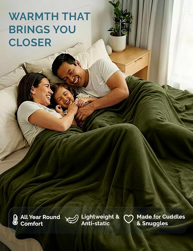 Casa Platino Fleece Blanket Queen Size – 300 GSM Olive Green Fleece Throw for Bed or Couch – Soft Cozy Warm Winter Blanket for Bed, Fuzzy Plush Elegant for Men & Women - 90x90 Inch