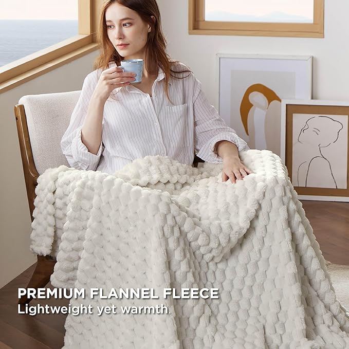 Bedsure Off White Throw Blanket for Couch - 350GSM Fluffy Plush Bubble Blanket for Bed Home Room Decor, GentleSoft Cute Fleece Soft Cozy Gifts for Women Girls, 50x60 Inches