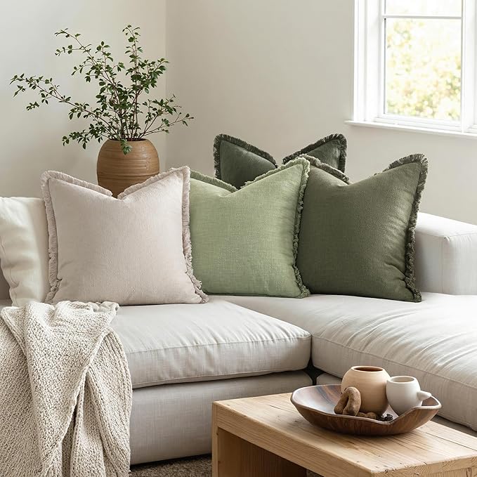 MIULEE Decorative Couch Pillow Covers Neutral Linen Fringe Throw Pillows Set of 4 Boho Farmhouse Accent Cushions for Bed Sofa Living Room Spring Home Decor 18x18 Inch Beige/Sage Green