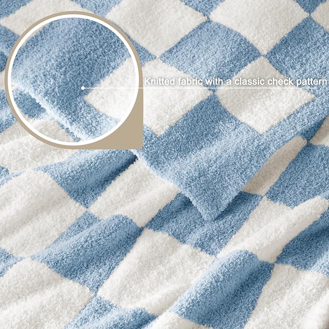 Whale Flotilla Checkered Knit Throw Blanket, Ultra Soft Warm Reversible Cozy Decorative Blankets for Couch Sofa and Bed, 50x60 Inch, Light Blue