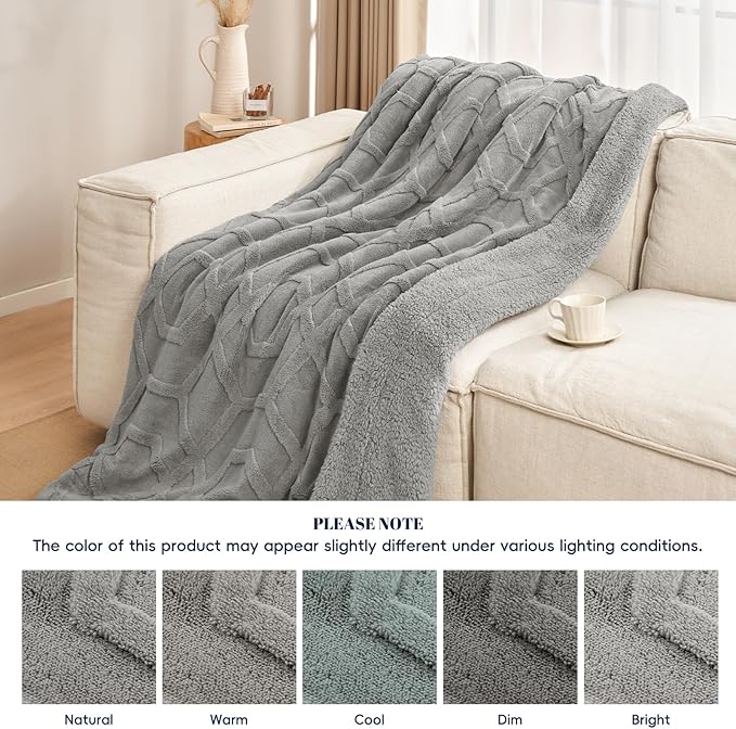 PHF Fluffy Sherpa Fleece Blanket King Size for Winter, Warm and Cozy, 510GSM 3D Tufted Shaggy Fleece Blanket for Sofa Bed, Grey, 108"x90"