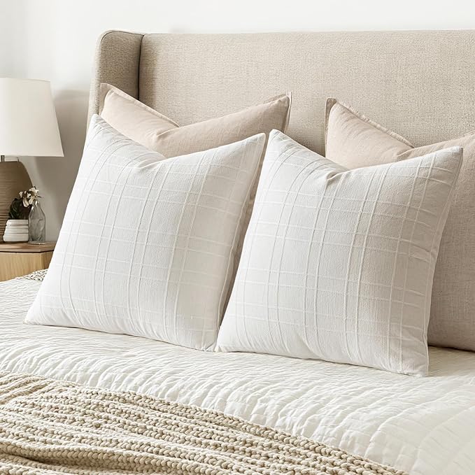 MIULEE Decorative Linen Check Throw Pillow Covers Neutral Farmhouse Vintage Pillow Covers 18x18 Set of 2 Boho Modern Home Decor for Sofa Couch Bedroom Cushion Cream White