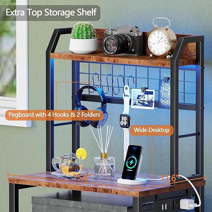 Furologee 44'' Tall Nightstand with Charging Station, Bedside Table with LED Lights, End Table with 3 Drawers and Storage Shelves, Night Stand with Pegboard for Bedroom, Rustic Brown