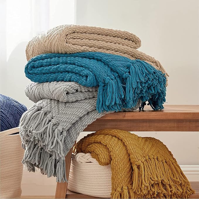 Bedsure Throw Blankets for Couch - Textured Chunky Knit Woven Chenille Blanket - Super Soft, Warm Decorative Boho Throw with Tassels for Bed, Sofa and Living Room Decor, Khaki, 50x60 Inches
