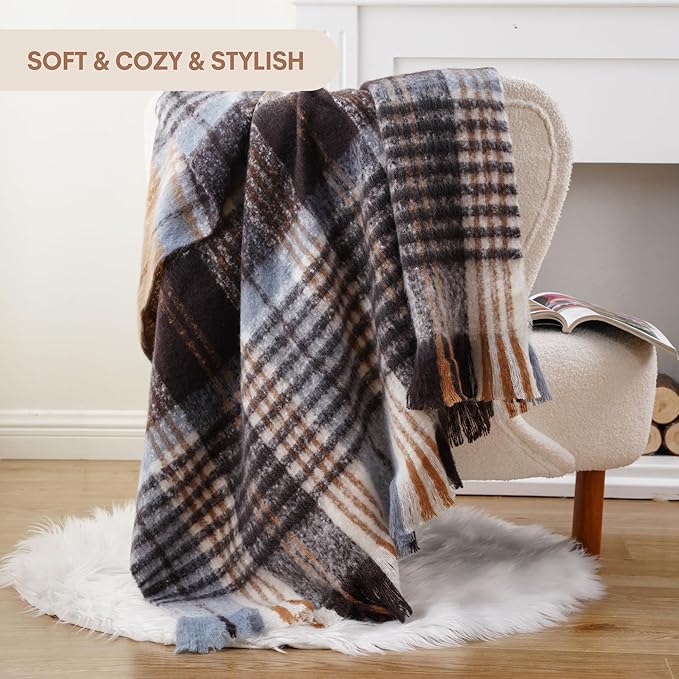 BATTILO Plaid Throw Blanket for Couch Bed, Soft Mohair Tartan Plaid Blanket, Farmhouse Style Checkered Pattern, Bluish Grey Throw Blankets for Home Decor(50"x60")
