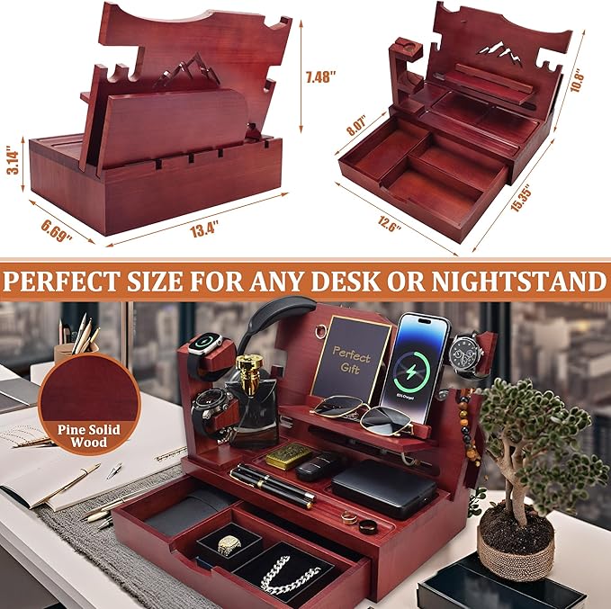 Nightstand Organizer for Men with Large Drawer, Wood Phone Docking Station for Phone, Apple Watch, Wallet & Keys, Ideal Birthday Gift for Father Husband, Bedside Desk Organizer (Mahogany)