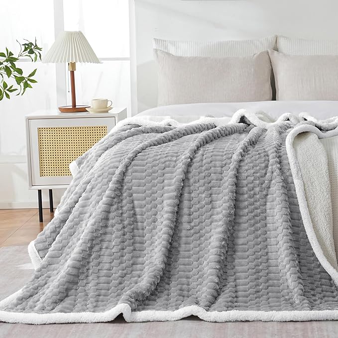 Sherpa Throw Blanket for Couch Flannel Cozy Soft Thick Blanket Warm Twin Blanket for Bed Fleece Home Decor Gifts, Z01 - Light Grey, 60"*80"