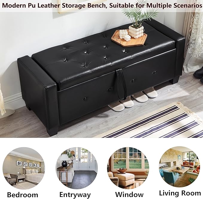 48" PU Leather Storage Ottoman Bench for Bedroom Bed End,Tufted Faux Leather Ottomans with Storage for Living Room,Bedside,Entryway,Modern Window Benches with Seating (PU Black, 48")